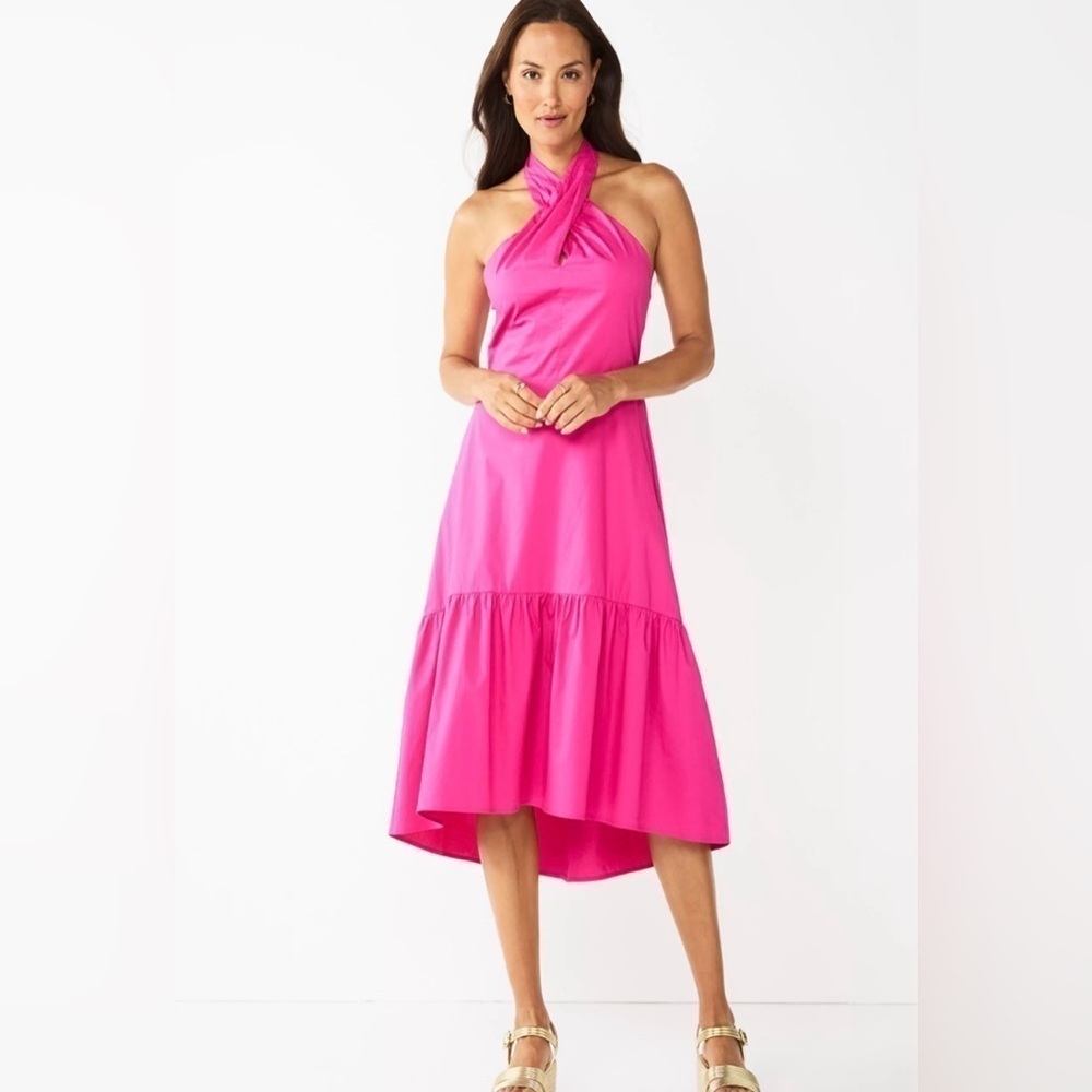 NWOT Nine West, Pink, bottom ruffled halter Dress, XXL, reception, tropical vaca